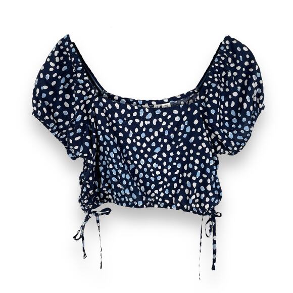 Roxy Dear Amor Dot Print Crop Top Blue White Size S Puff Sleeve Squareneck - Picture 3 of 10